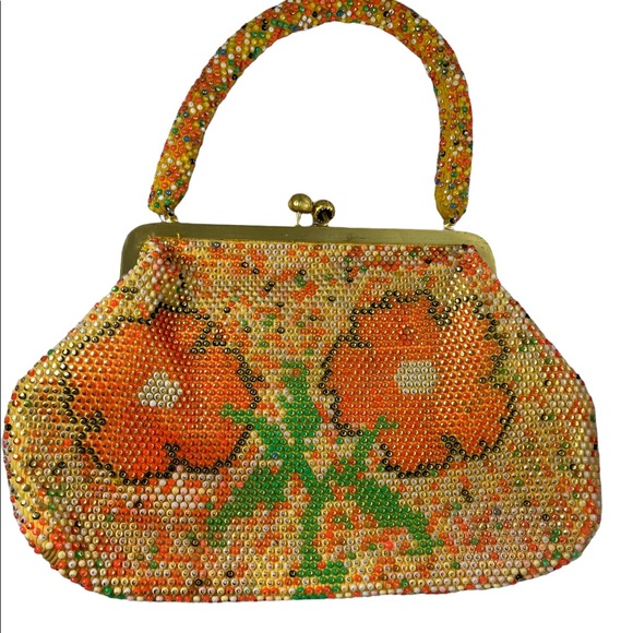Beautiful Vintage orange flower bead purse beaded 1970s - Picture 3 of 12